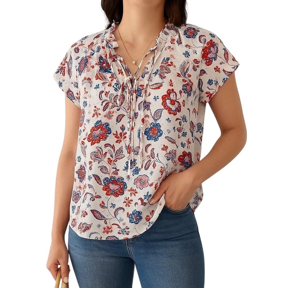 Zac & Rachel Red White Blue Floral Blouse Ruffle Trim Lightweight Top Size Small